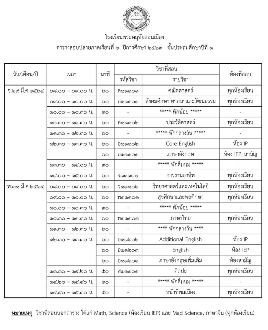 ตารางสอบปลายภาคเรียนที่ 2/2563 ระดับประถมศึกษาปีที 1-6